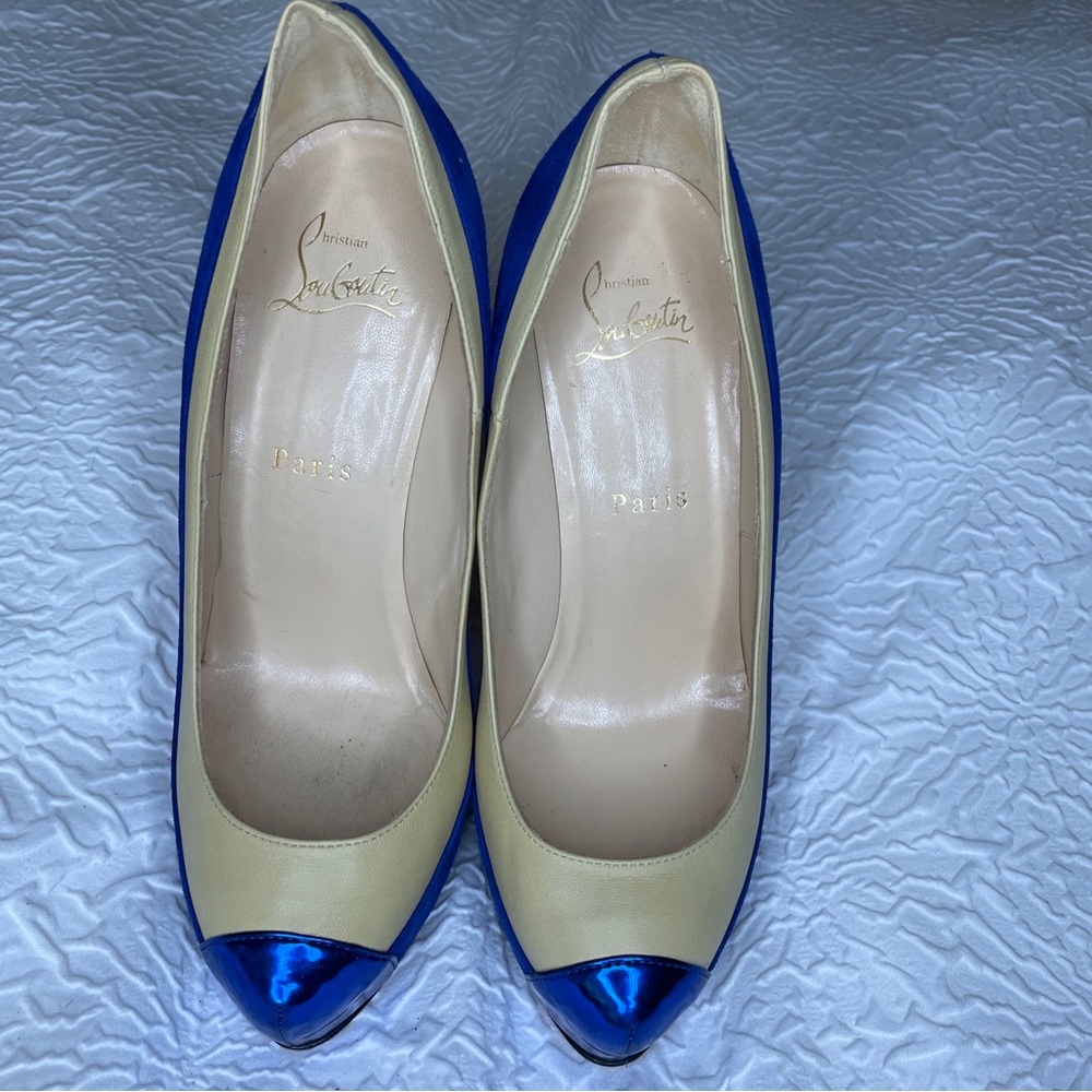 Christian Louboutin Blue & Tan Leather Platform Pumps Size 6.5/36.5 w/dust bag.